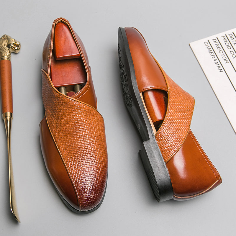 Variant image for Men’s Black Loafers – Genuine Leather, Textured Weave, Minimalist Design-1