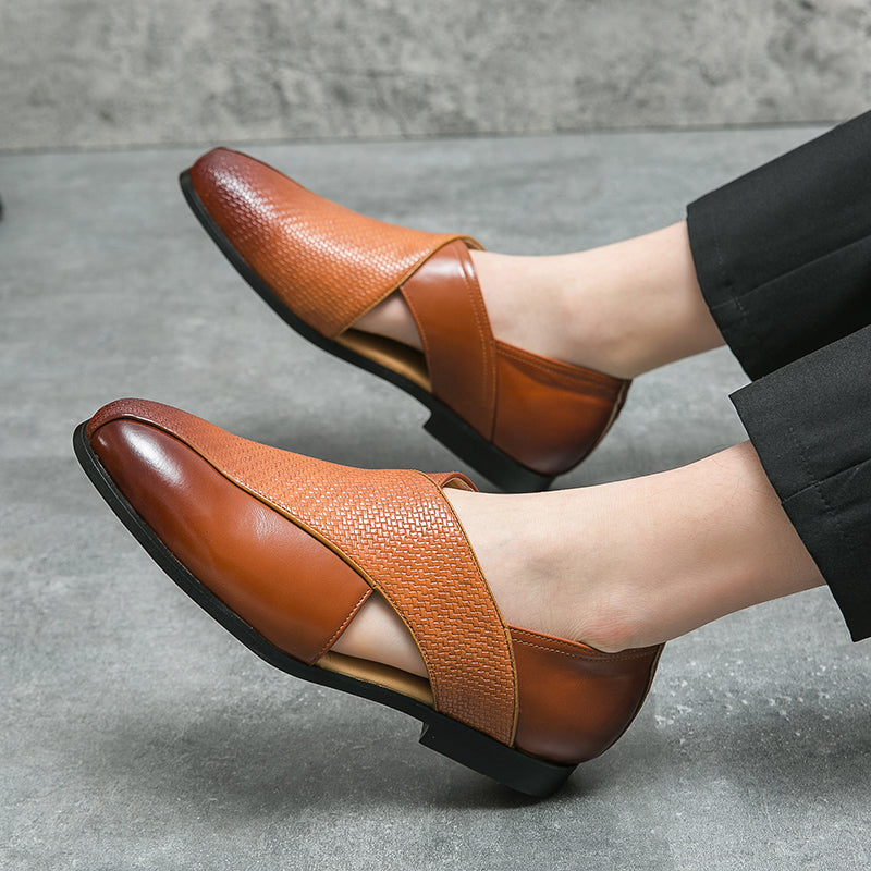 Men’s Black Loafers – Genuine Leather, Textured Weave, Minimalist Design-6