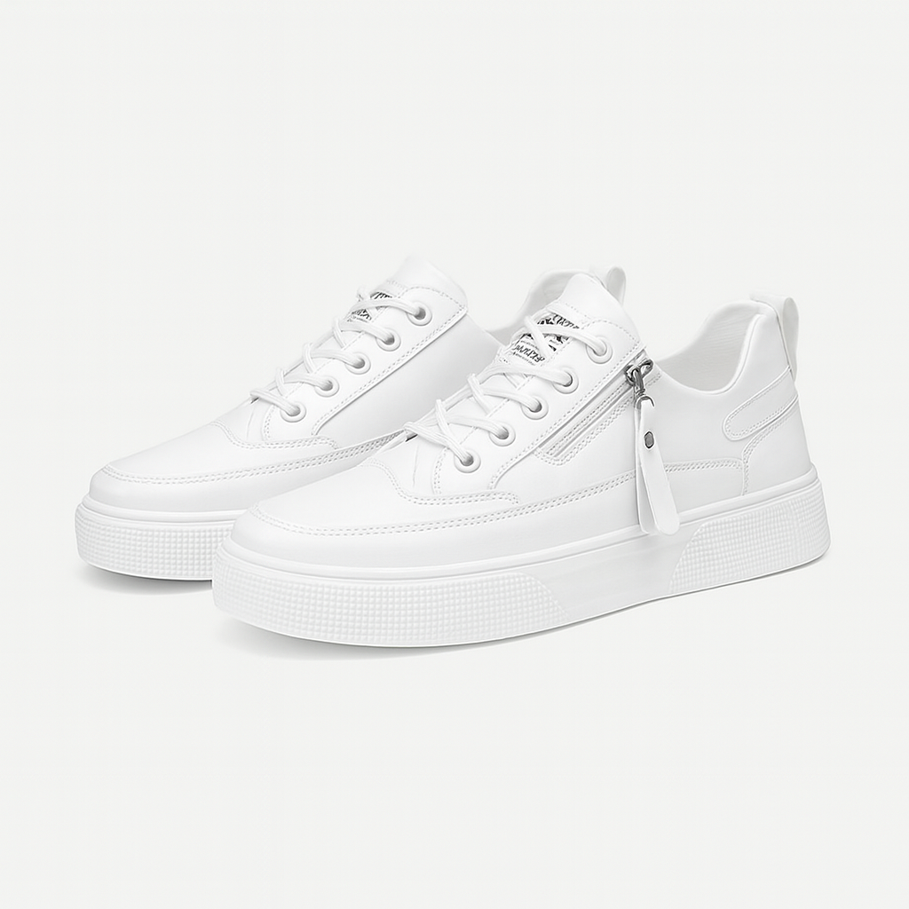 Men’s Leather Sneakers – Side Zipper, Cushioned Comfort