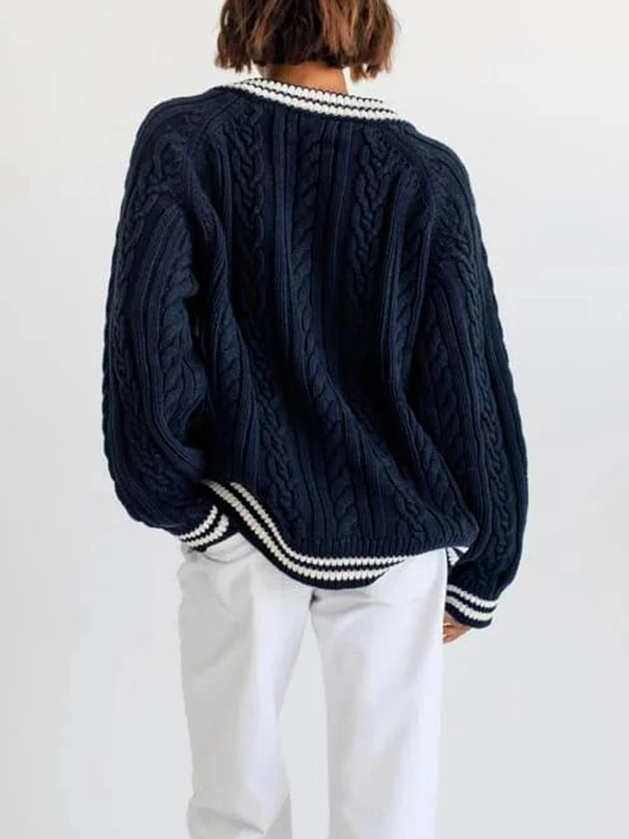 Vintage V-Neck Stripe Jumper – Oversized Cable-Knit Pullover