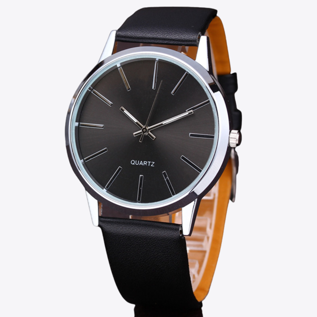 men's quartz watch, analog watch, black leather watch, classic men's watch, elegant men's watch, men's wristwatch, men's dress watch, black dial watch, stainless steel watch, men's formal watch, men's quartz analog watch, stylish black leather wristwatch, stainless steel elegant dress watch, durable black dial formal watch, classic men's analog quartz timepiece, premium stainless steel men's watch