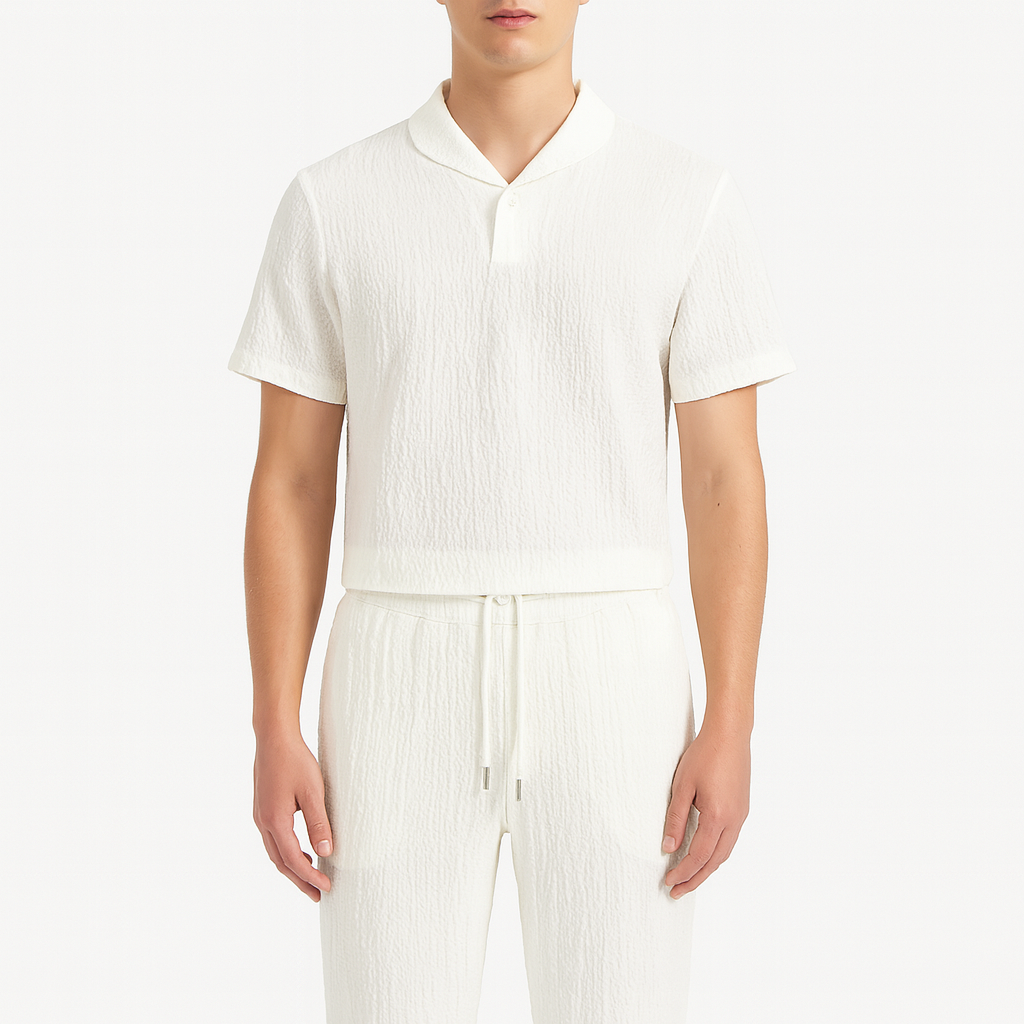 Men's Summer Suit Set – Solid Pleated Design, Short Sleeve, Lightweight Fabric
