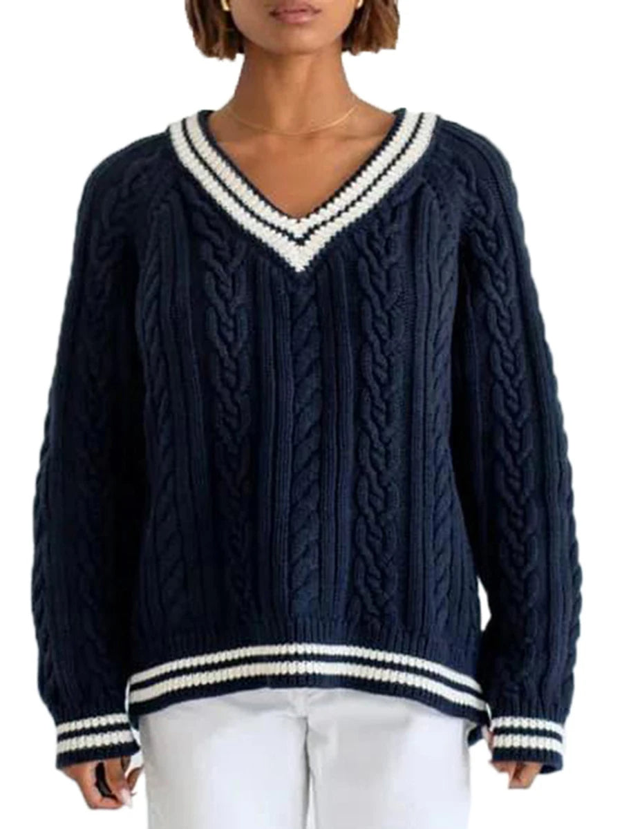Vintage V-Neck Stripe Jumper – Oversized Cable-Knit Pullover