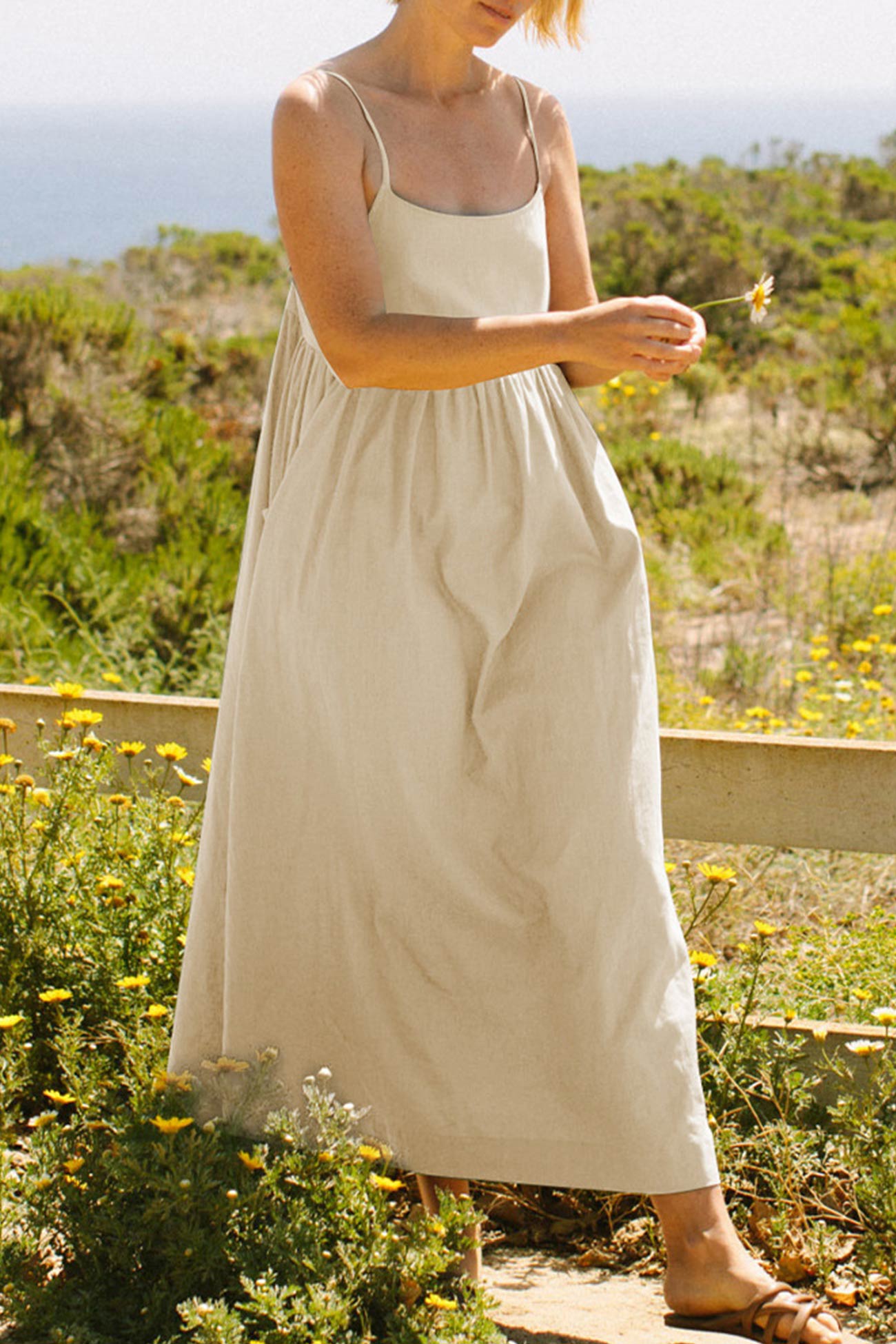 Button-Back Pocketed Cotton Cami Dress