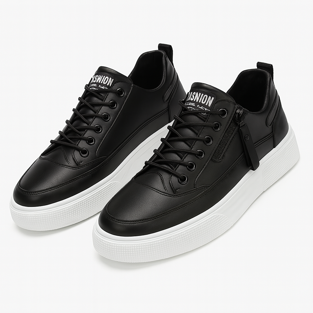 Men’s Leather Sneakers – Side Zipper, Cushioned Comfort