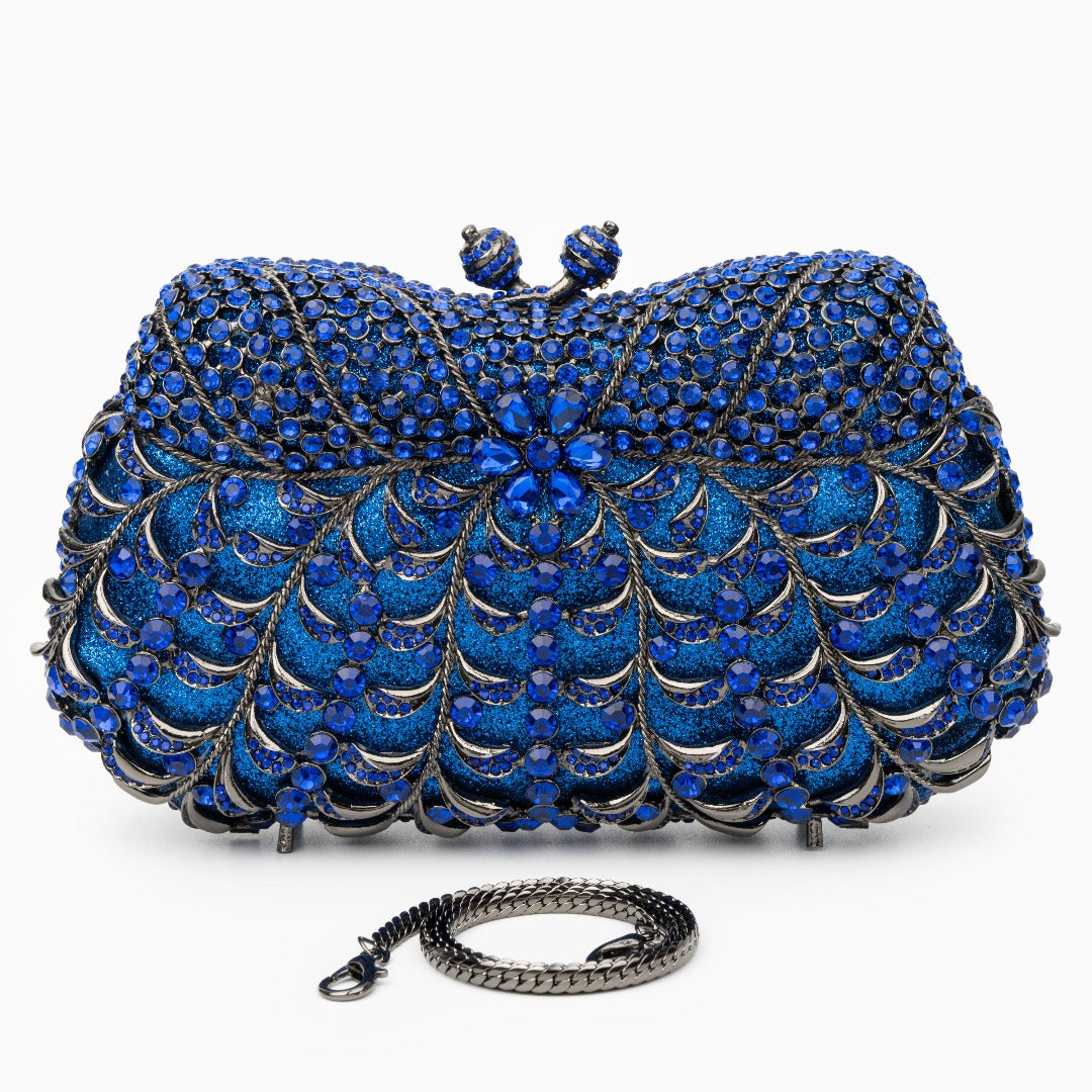 Luxury rhinestone clutch bag – blue evening handbag with floral gem