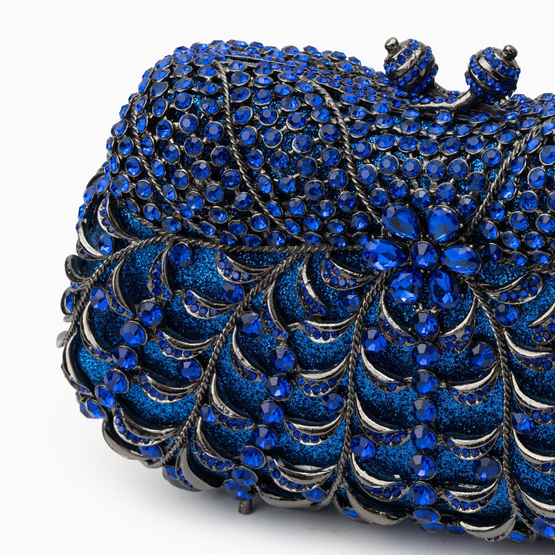 Luxury rhinestone clutch bag – blue evening handbag with floral gem