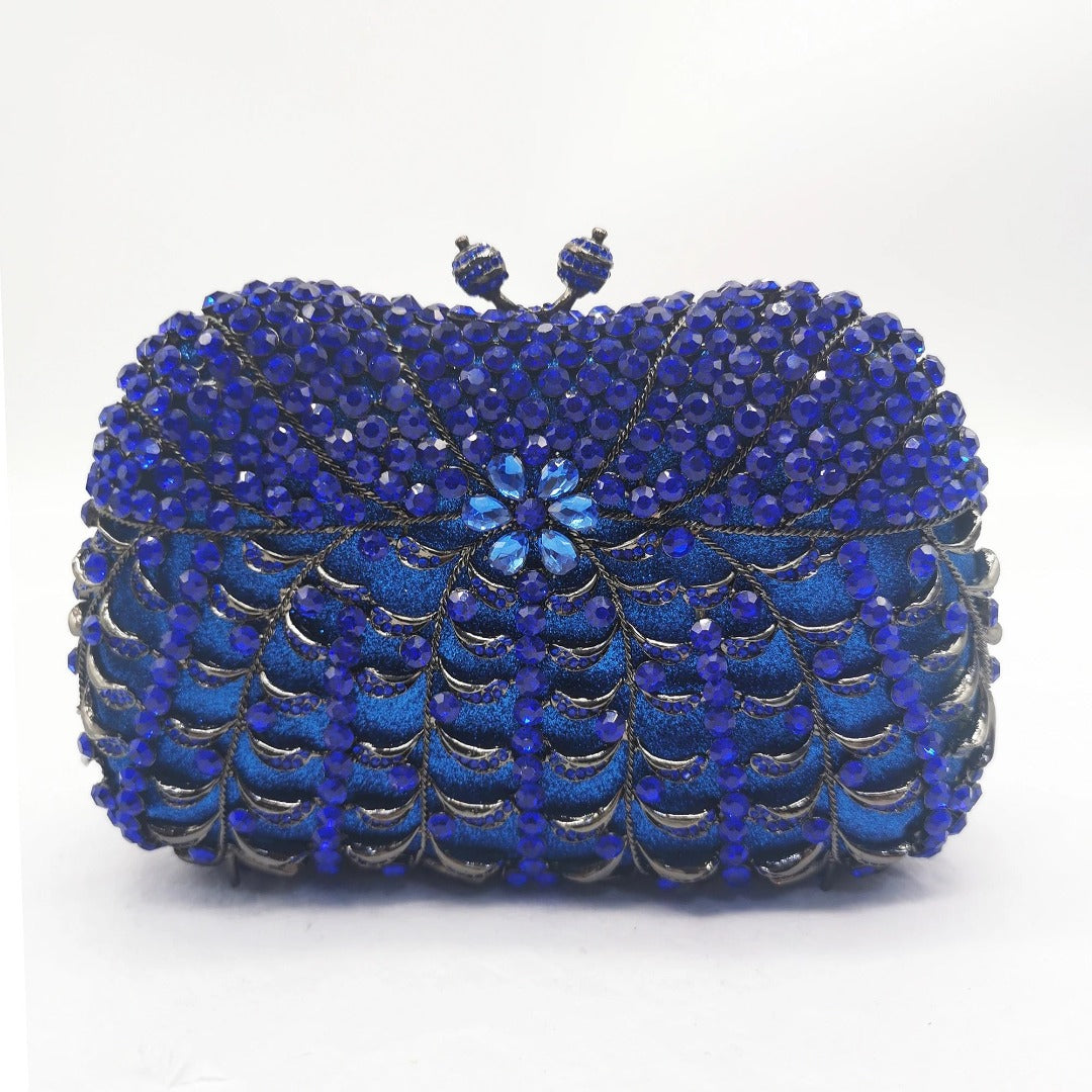 Luxury rhinestone clutch bag – blue evening handbag with floral gem