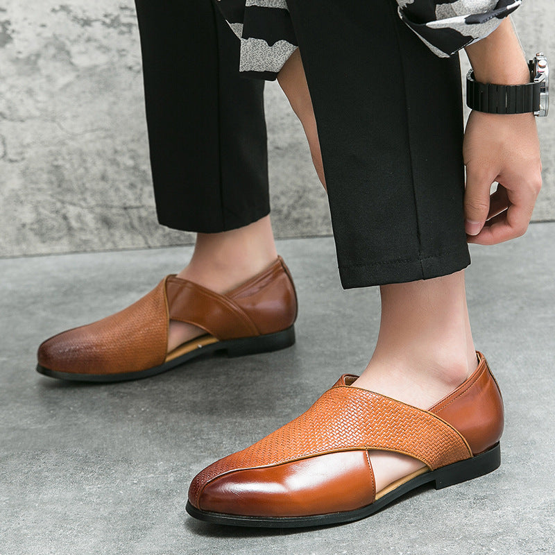 Men’s Black Loafers – Genuine Leather, Textured Weave, Minimalist Design-5