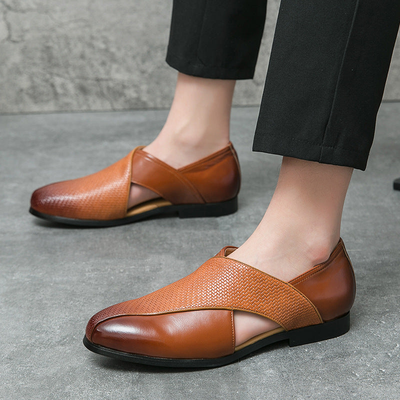 Men’s Black Loafers – Genuine Leather, Textured Weave, Minimalist Design-4