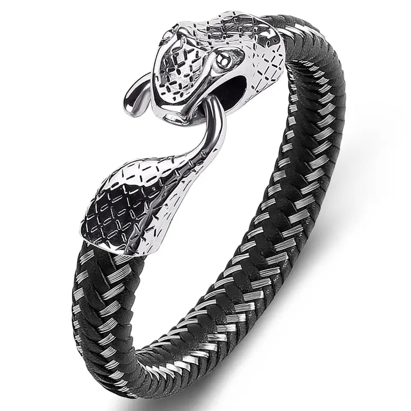 Black Leather & Stainless Steel Snake Bracelet – A Bold Statement