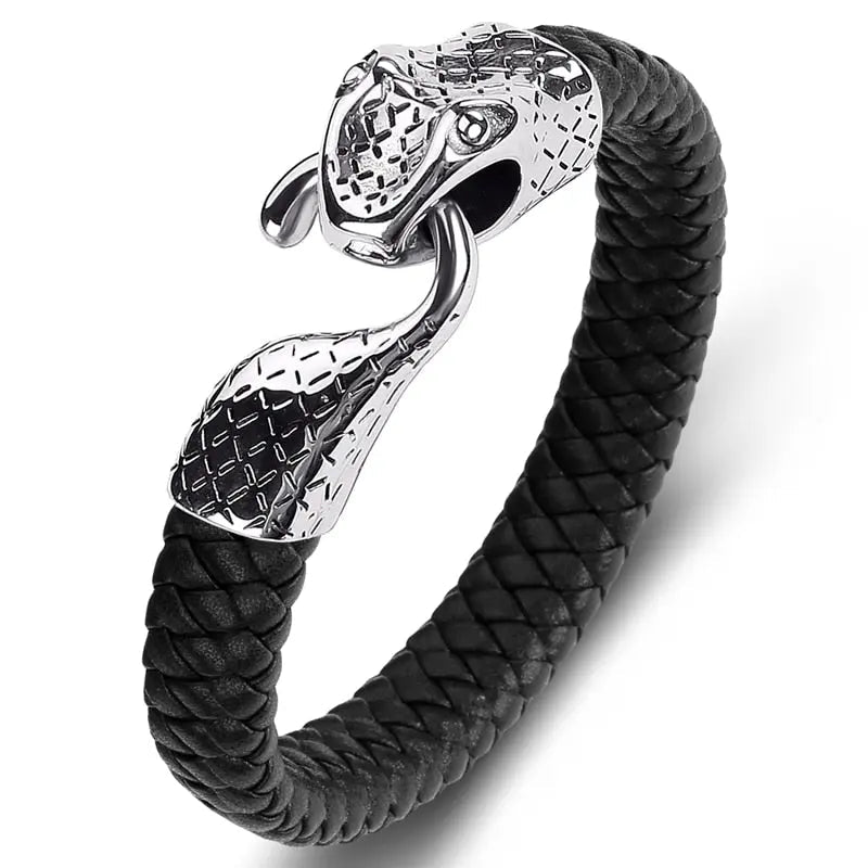 Black Leather & Stainless Steel Snake Bracelet – A Bold Statement
