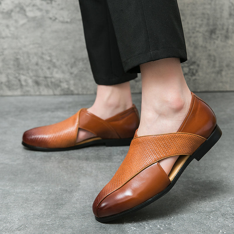 Men’s Black Loafers – Genuine Leather, Textured Weave, Minimalist Design-3
