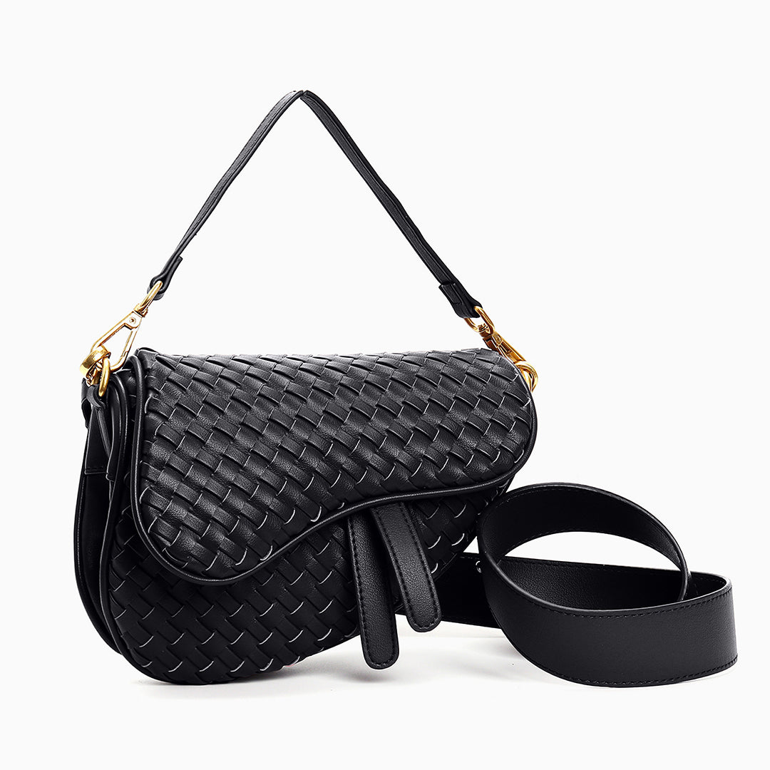 Genuine leather woven saddle bag - crossbody handbag with adjustable strap