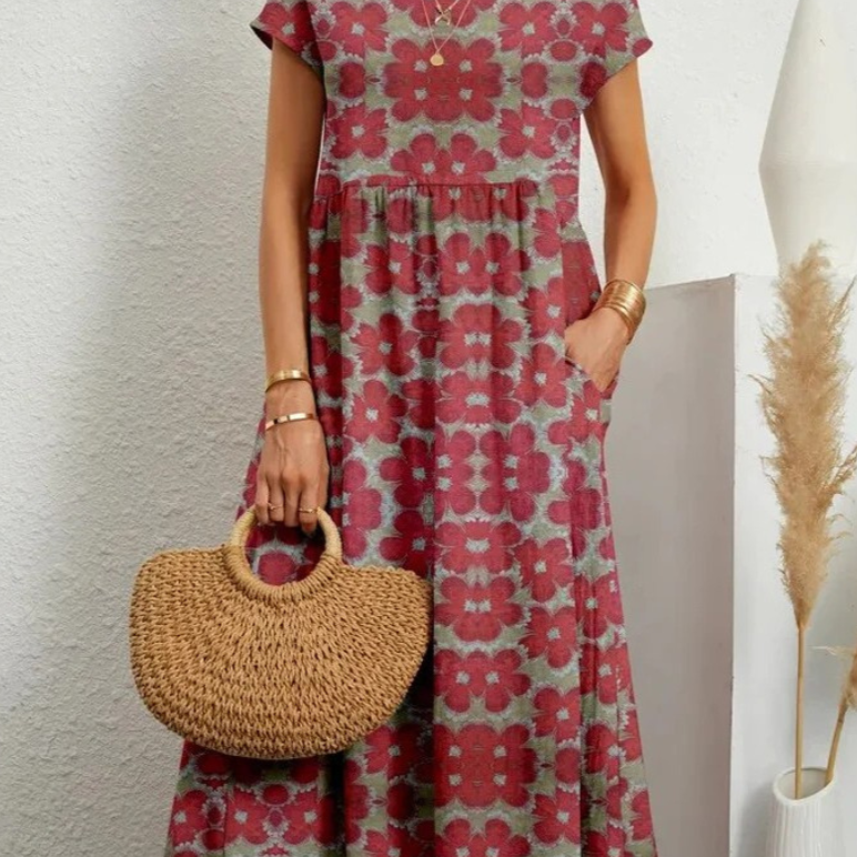 boho maxi dress, floral maxi dress, women's casual dress, bohemian summer dress, short sleeve maxi dress, flowy summer dress, side pocket dress, beach maxi dress, floral print dress, casual boho dress, women's boho summer maxi dress, casual floral maxi dress, short sleeve floral dress, comfortable maxi dress, relaxed fit summer dress, women's casual bohemian maxi dress, floral beach maxi dress