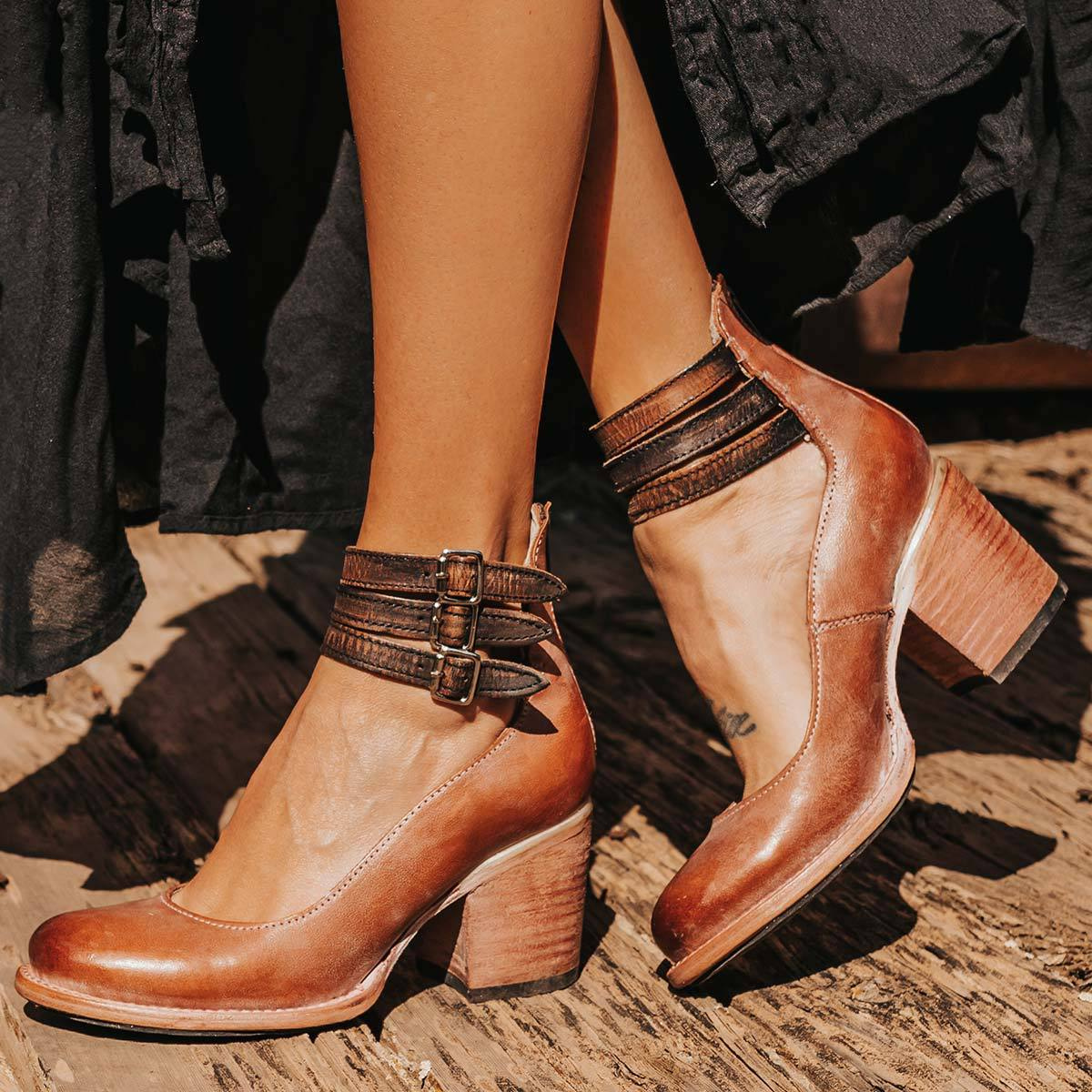 Women’s Vintage Leather Ankle Boots - Block Heel, Buckle Straps, Elegant & Comfortable