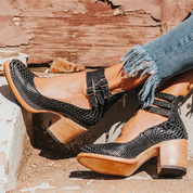 Women’s Vintage Leather Ankle Boots - Block Heel, Buckle Straps, Elegant & Comfortable
