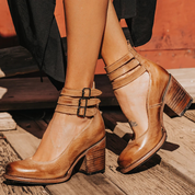 Women’s Vintage Leather Ankle Boots - Block Heel, Buckle Straps, Elegant & Comfortable