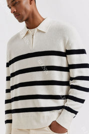 Old Money Striped Quater Zip Woolen Sweater