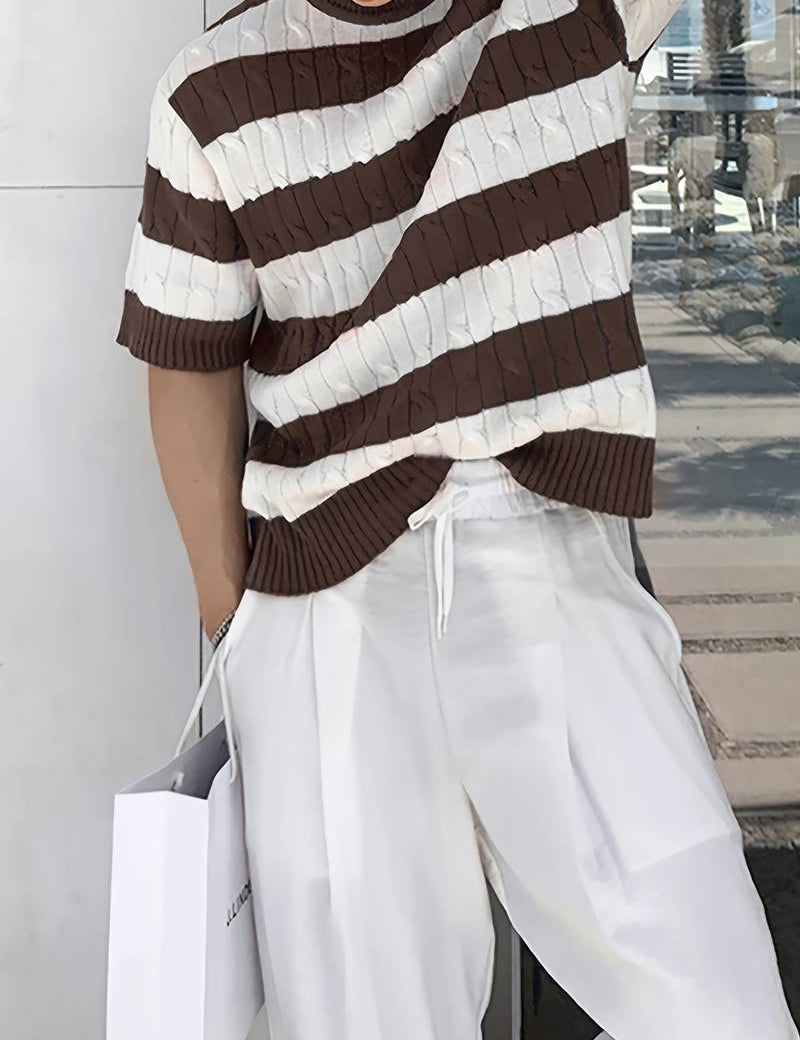 Old Money Classic Summer Crew Neck Cable Knit Striped T-Shirt