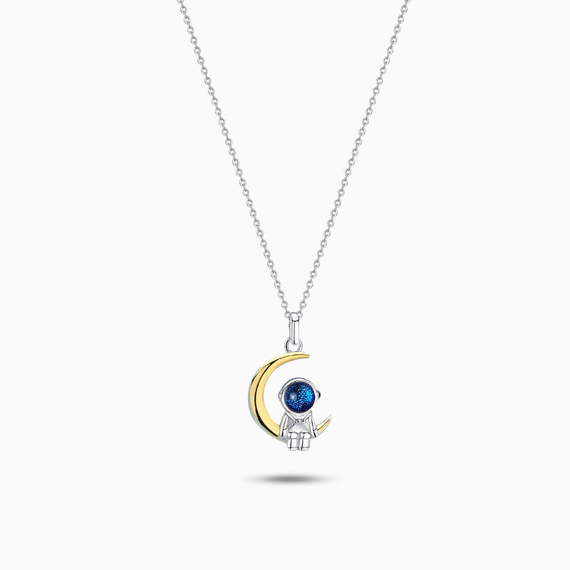 925 Sterling Silver Astronaut Moon Necklace – Blue CZ Diamond & Gold Moon Pendant