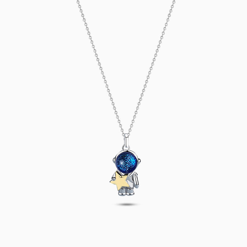 925 Sterling Silver Astronaut Pendant Necklace – Blue CZ Diamond Star Charm
