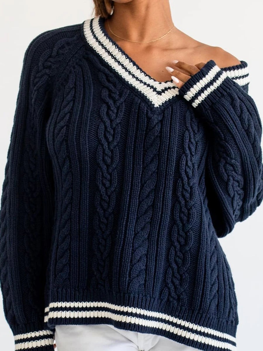 Vintage V-Neck Stripe Jumper – Oversized Cable-Knit Pullover