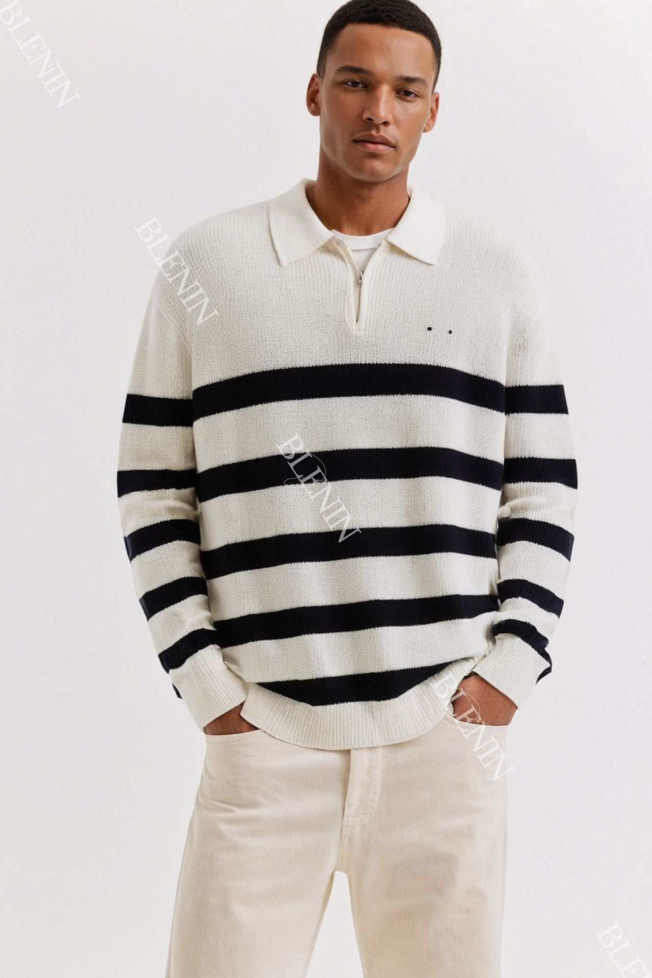 Old Money Striped Quater Zip Woolen Sweater