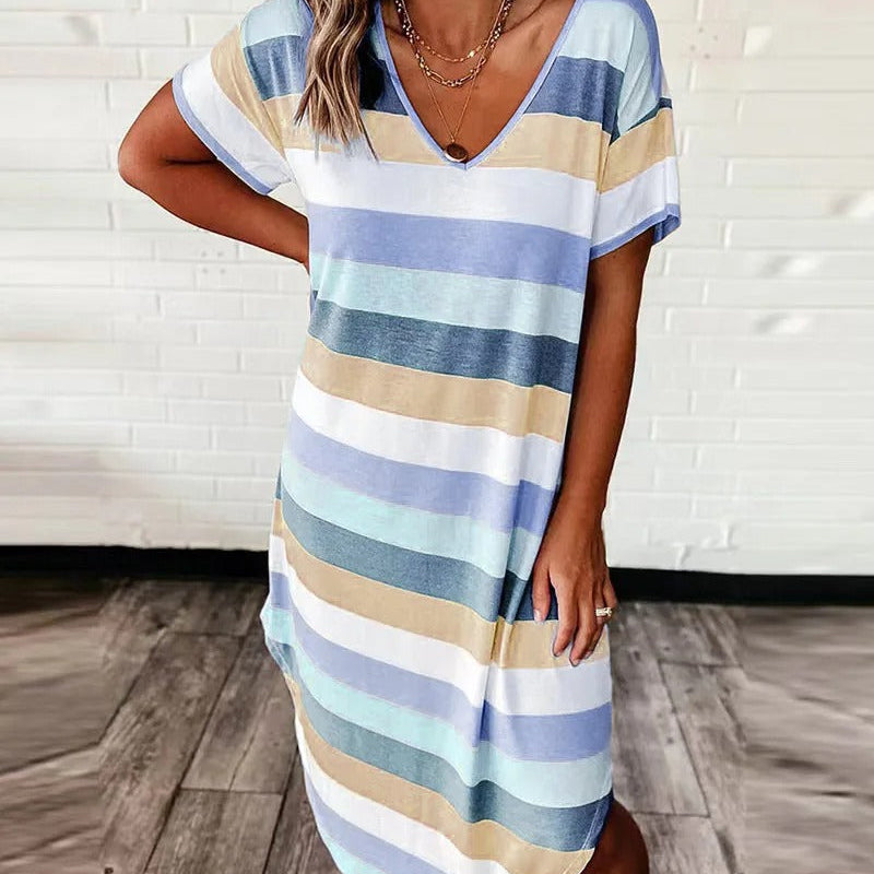 striped summer dress, casual summer dress, v neck summer dress, loose fit dress, beach dress, asymmetrical hem dress, lightweight dress, relaxed fit dress, women's summer dress, breathable summer dress, cute summer dresses, travel dress, beach dress for women, summer beach dresses, beach outfits women, casual beach dresses, summer dress sale clearance