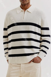 Old Money Striped Quater Zip Woolen Sweater