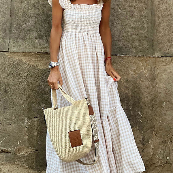 smocked dress, sleeveless dress, maxi dress, check pattern dress, stylish dress, women's fashion dress, summer maxi dress, smocked dress for women, sleeveless summer dress, stylish check pattern maxi dress, women's stylish sleeveless smocked dress, women's summer maxi dress, sleeveless smocked maxi dress, women's fashionable summer check pattern maxi dress