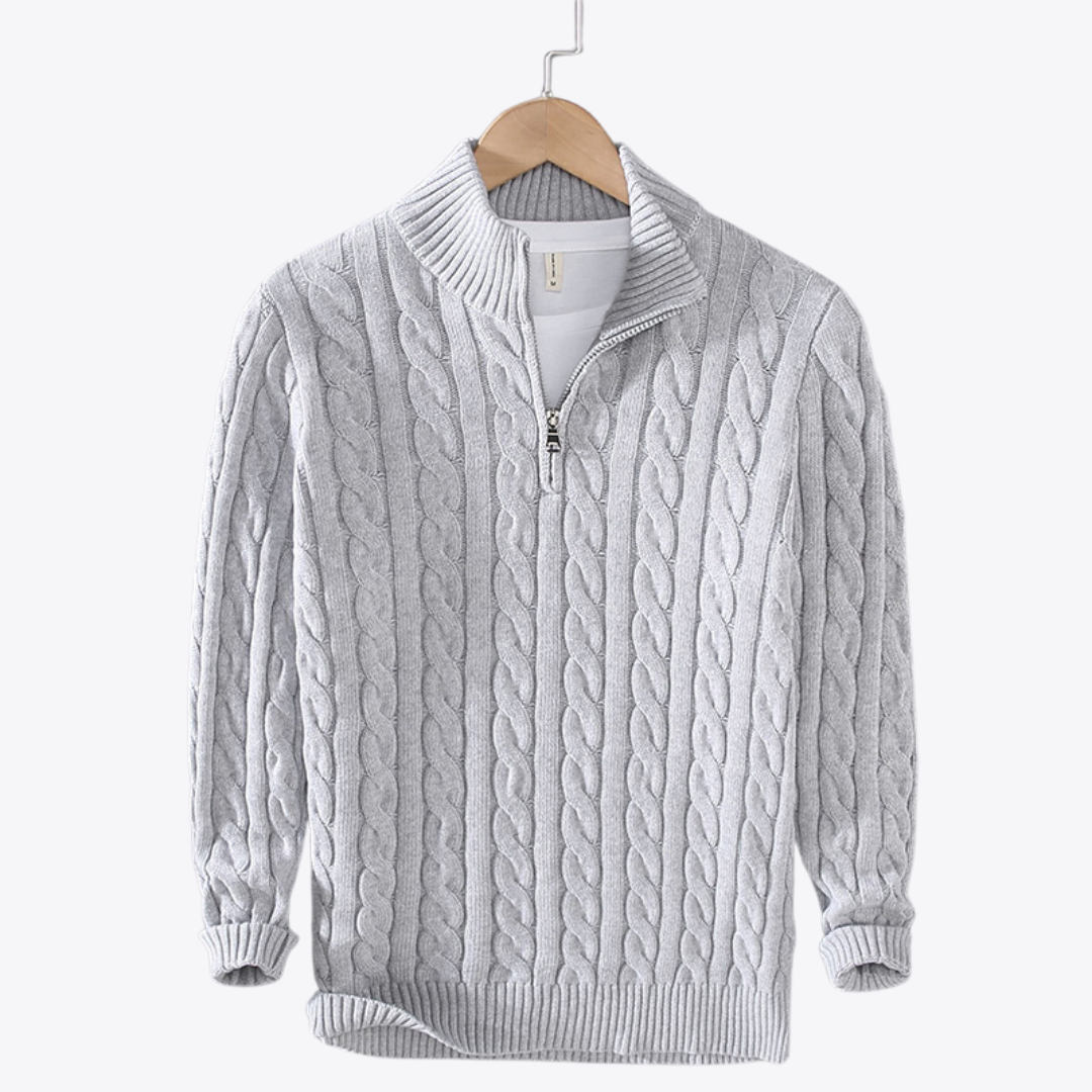 men's cable knit jumper, half zip sweater, grey pullover, chunky knit sweater, winter sweater for men, ribbed collar jumper, cotton blend sweater, men's knitwear, grey cotton jumper, warm men's clothing, half zip grey knit, casual knitwear jumper, comfortable chunky jumper, stylish winter knit pullover, men's grey winter pullover, knitted cotton blend sweater, ribbed chunky sweater for winter