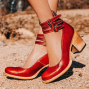 Women’s Vintage Leather Ankle Boots - Block Heel, Buckle Straps, Elegant & Comfortable