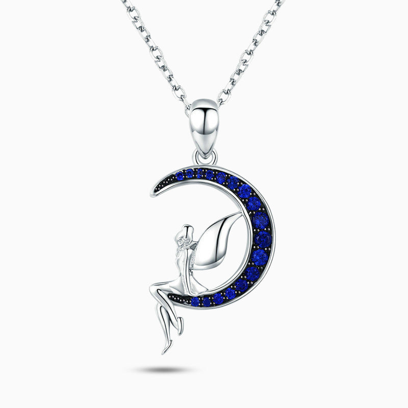925 Sterling Silver Moon Fairy Necklace – Blue CZ Diamond Pendant