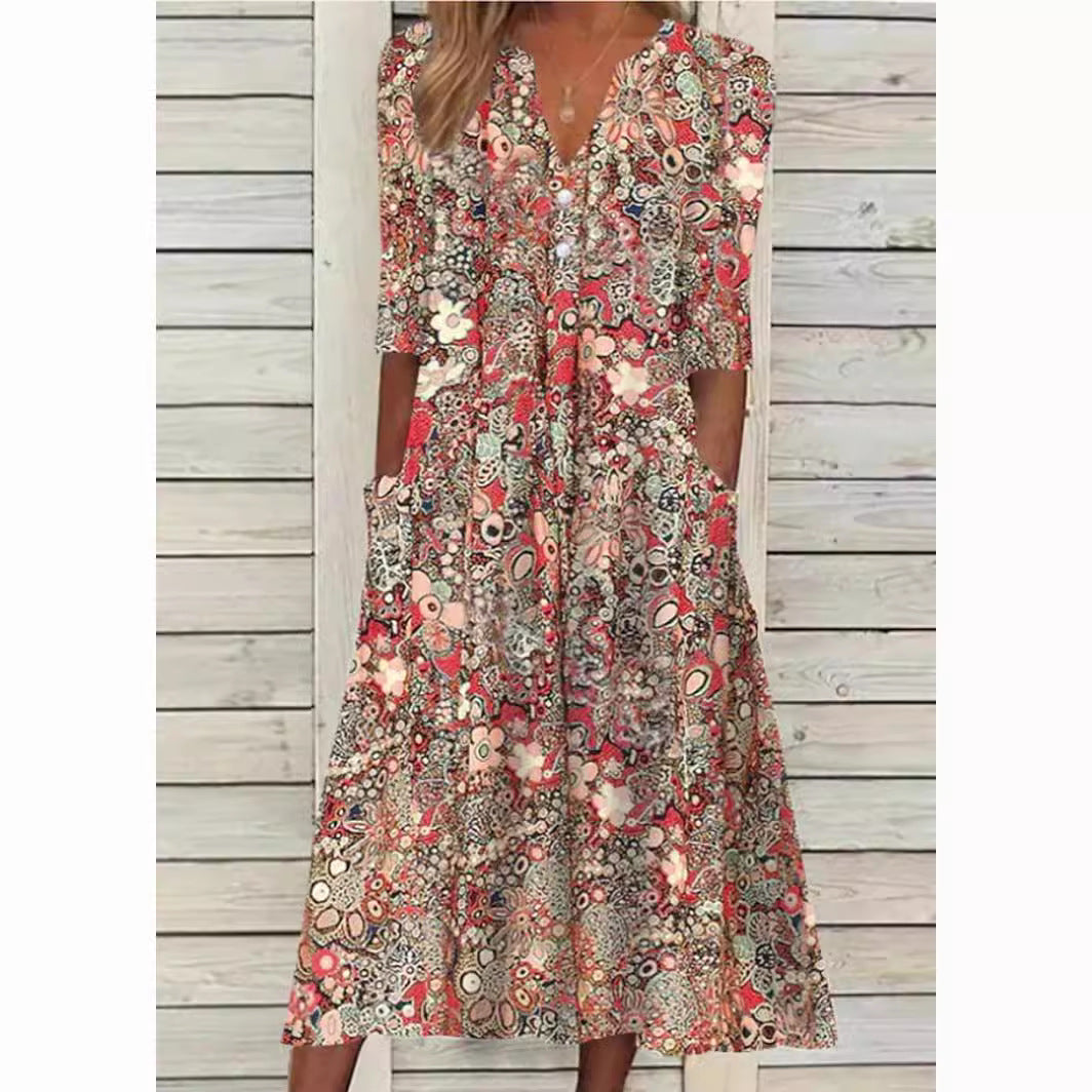 bohemian maxi dress, women's bohemian dress, casual summer dress, women's summer dress, v neck maxi dress, casual beach dress, three quarter sleeve dress, cotton blend dress, button down maxi dress, summer dresses, sundresses, beach dresses, boho maxi dress, bohemian dresses, cute summer dresses, flowy maxi dress, cotton maxi dress, boho dresses for women, casual maxi dress, boho summer dresses