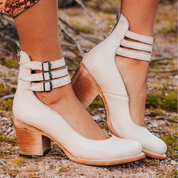 Women’s Vintage Leather Ankle Boots - Block Heel, Buckle Straps, Elegant & Comfortable