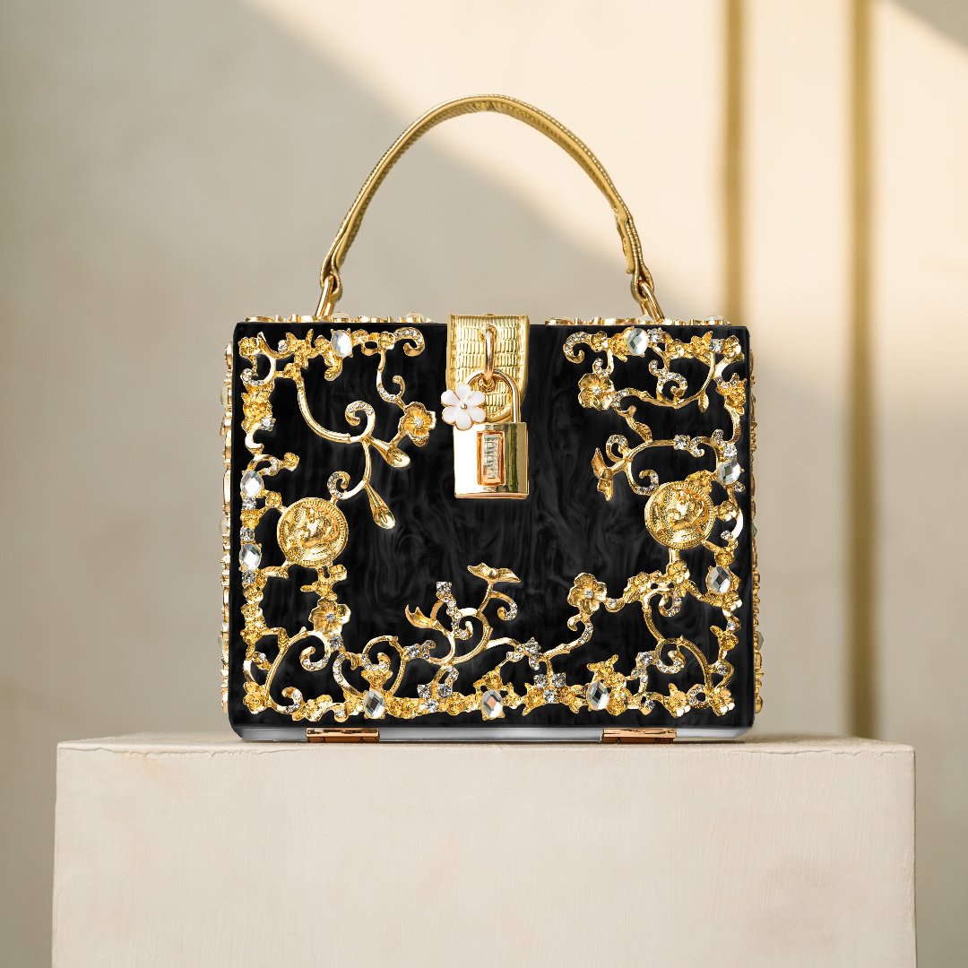 Acrylic floral box handbag – structured black evening purse
