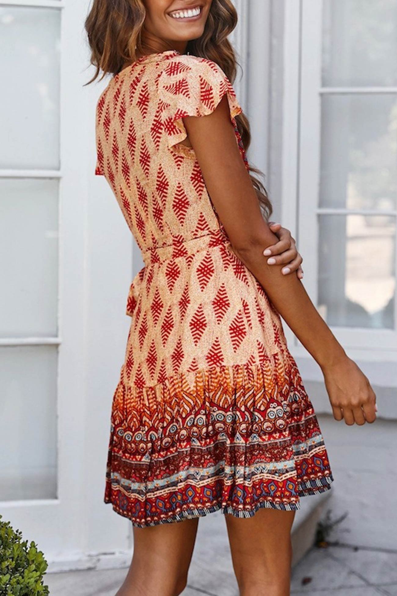 Bohemian V Neck Tie-Waist Slit Mini Dress