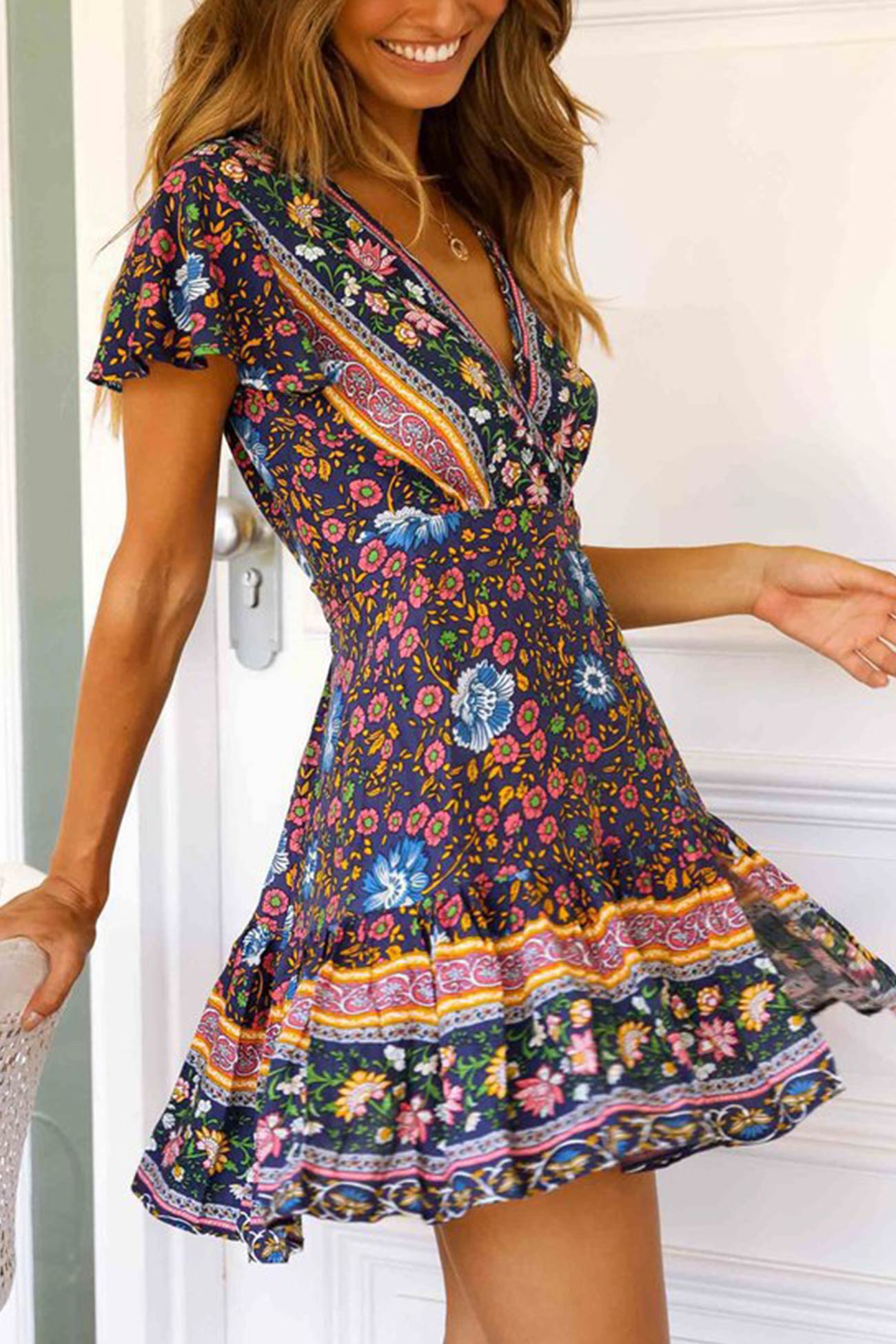 Bohemian V Neck Tie-Waist Slit Mini Dress