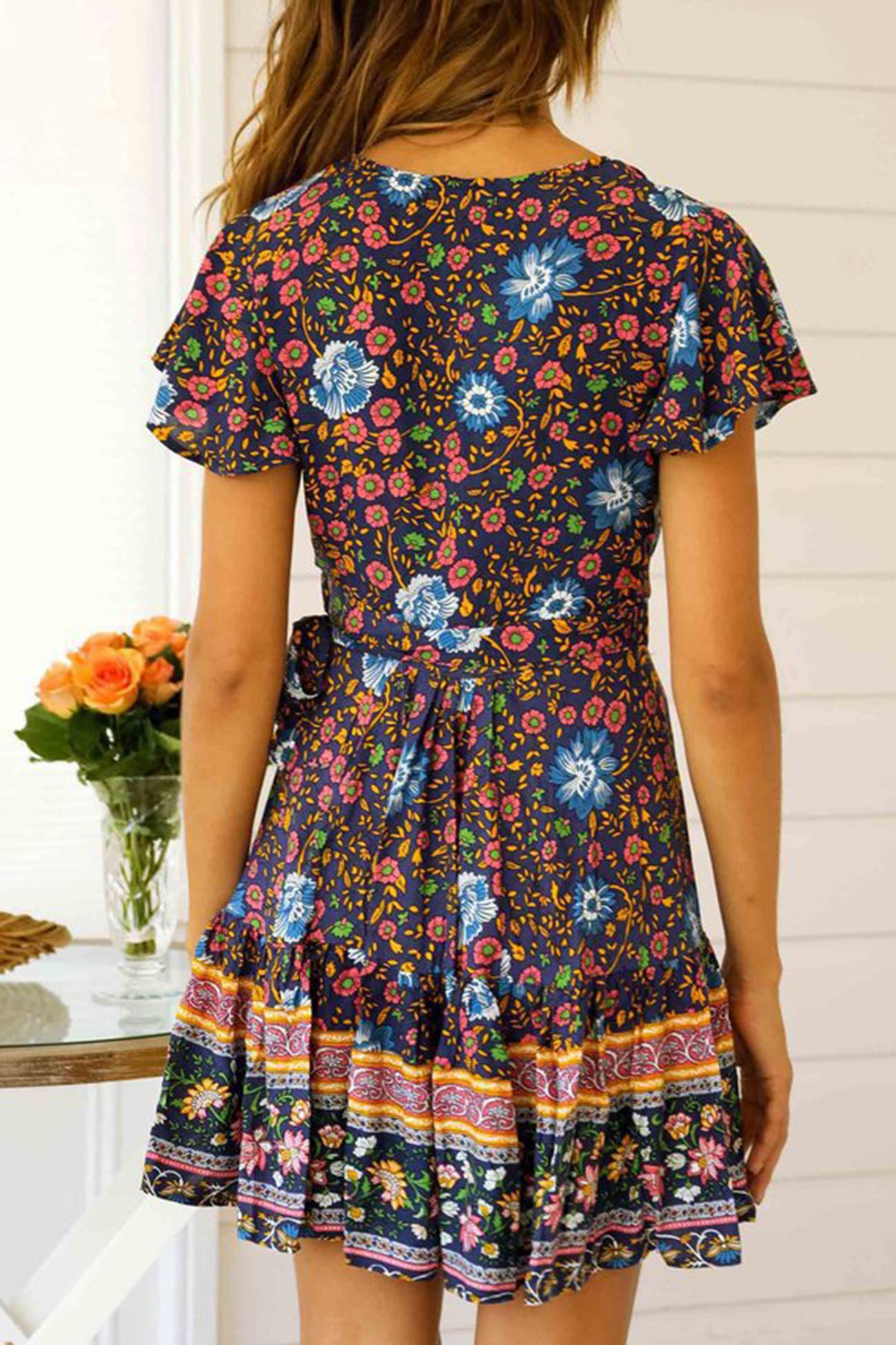 Bohemian V Neck Tie-Waist Slit Mini Dress