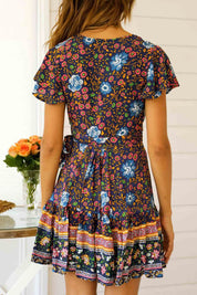 Bohemian V Neck Tie-Waist Slit Mini Dress