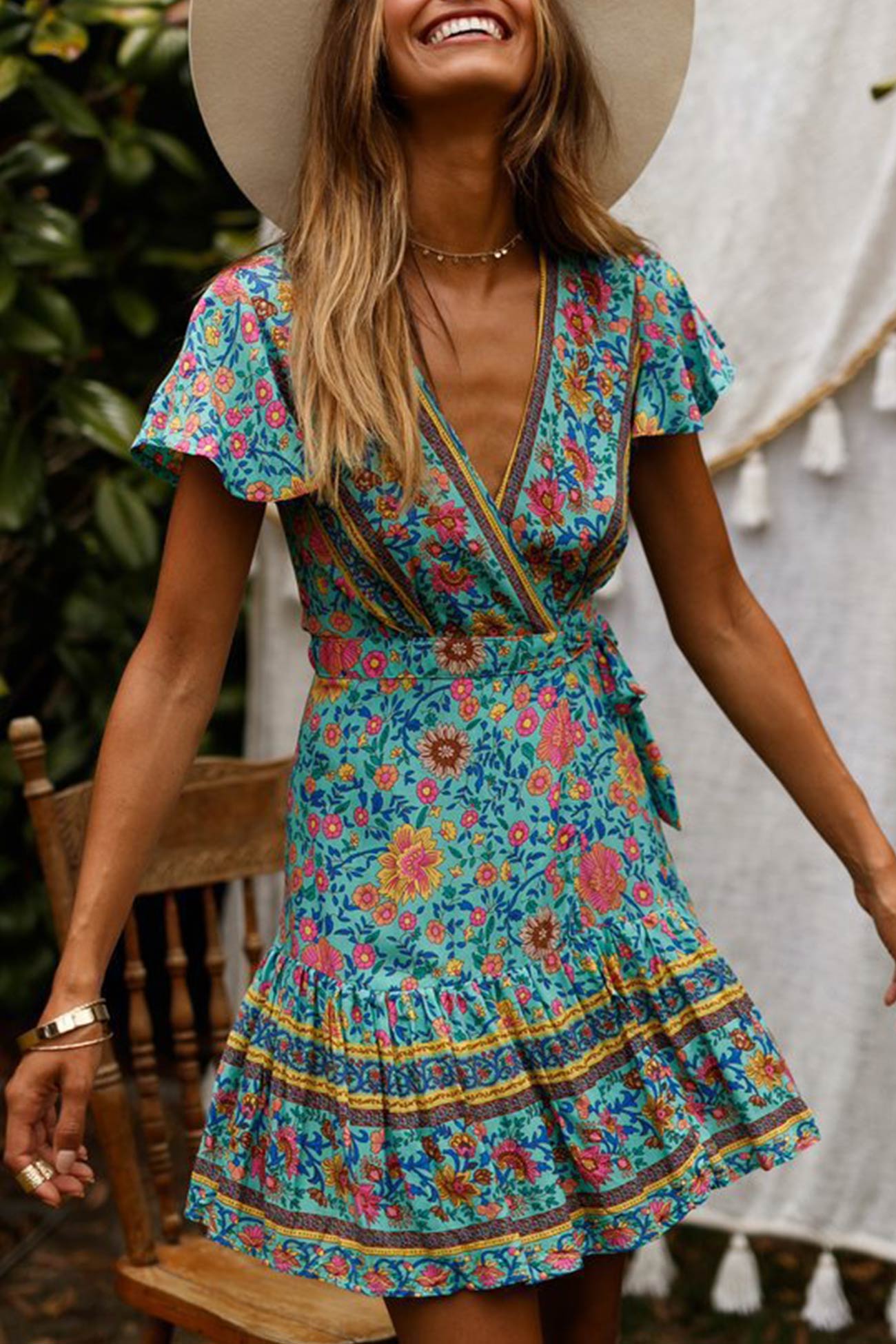 Bohemian V Neck Tie-Waist Slit Mini Dress