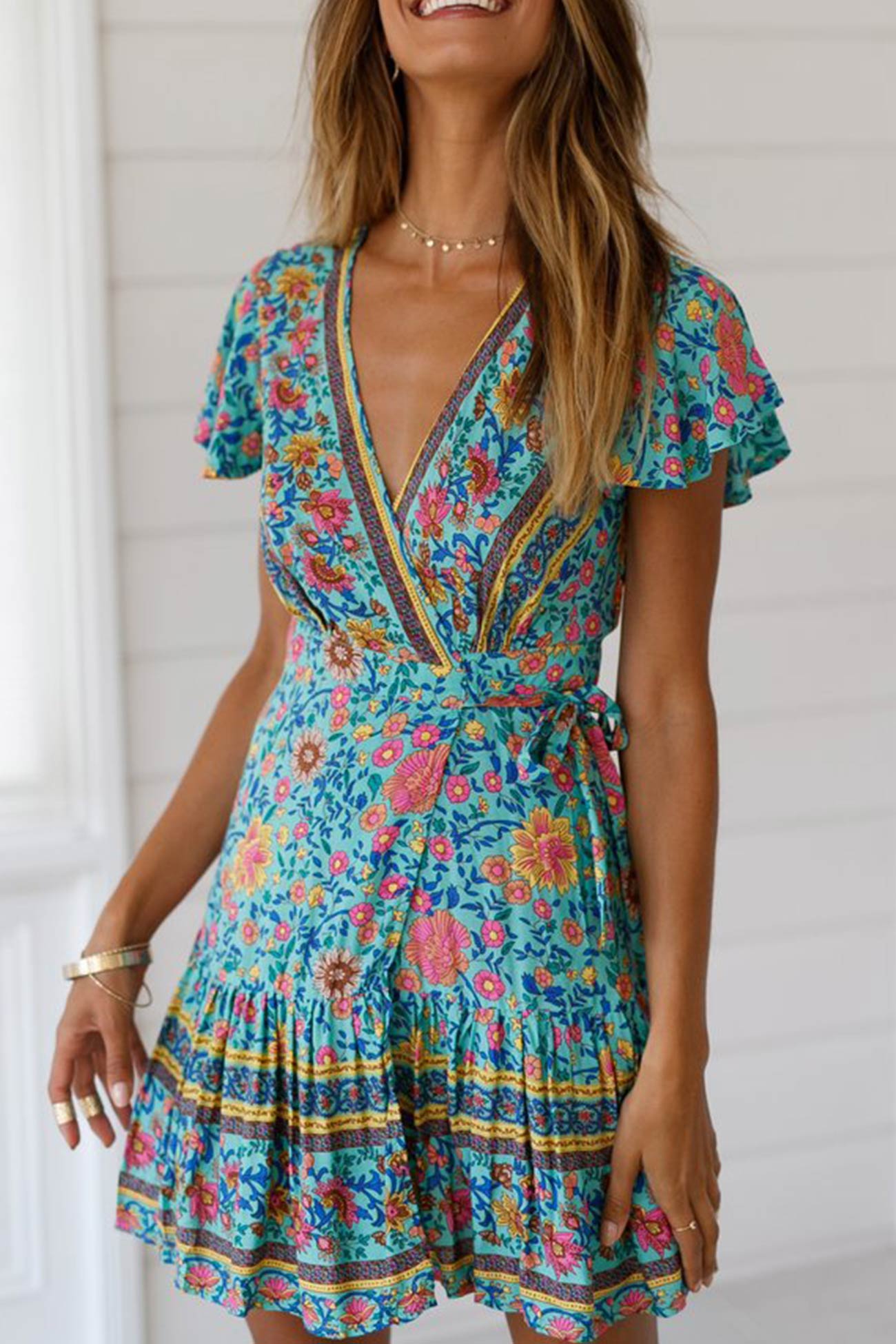 Bohemian V Neck Tie-Waist Slit Mini Dress