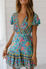Bohemian V Neck Tie-Waist Slit Mini Dress