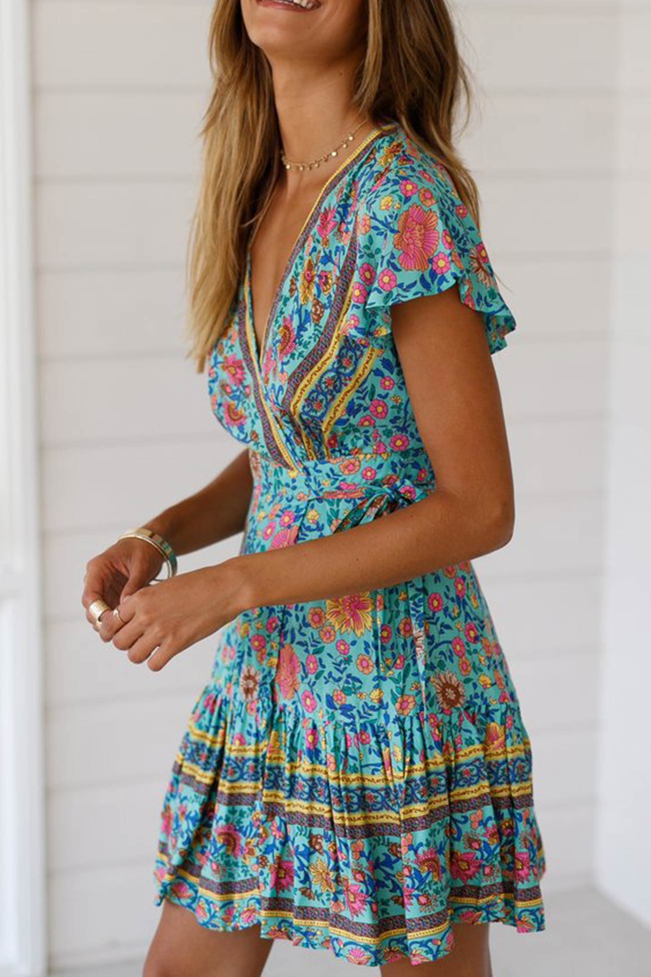 Bohemian V Neck Tie-Waist Slit Mini Dress