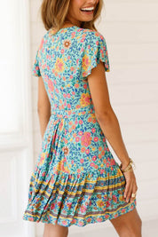 Bohemian V Neck Tie-Waist Slit Mini Dress