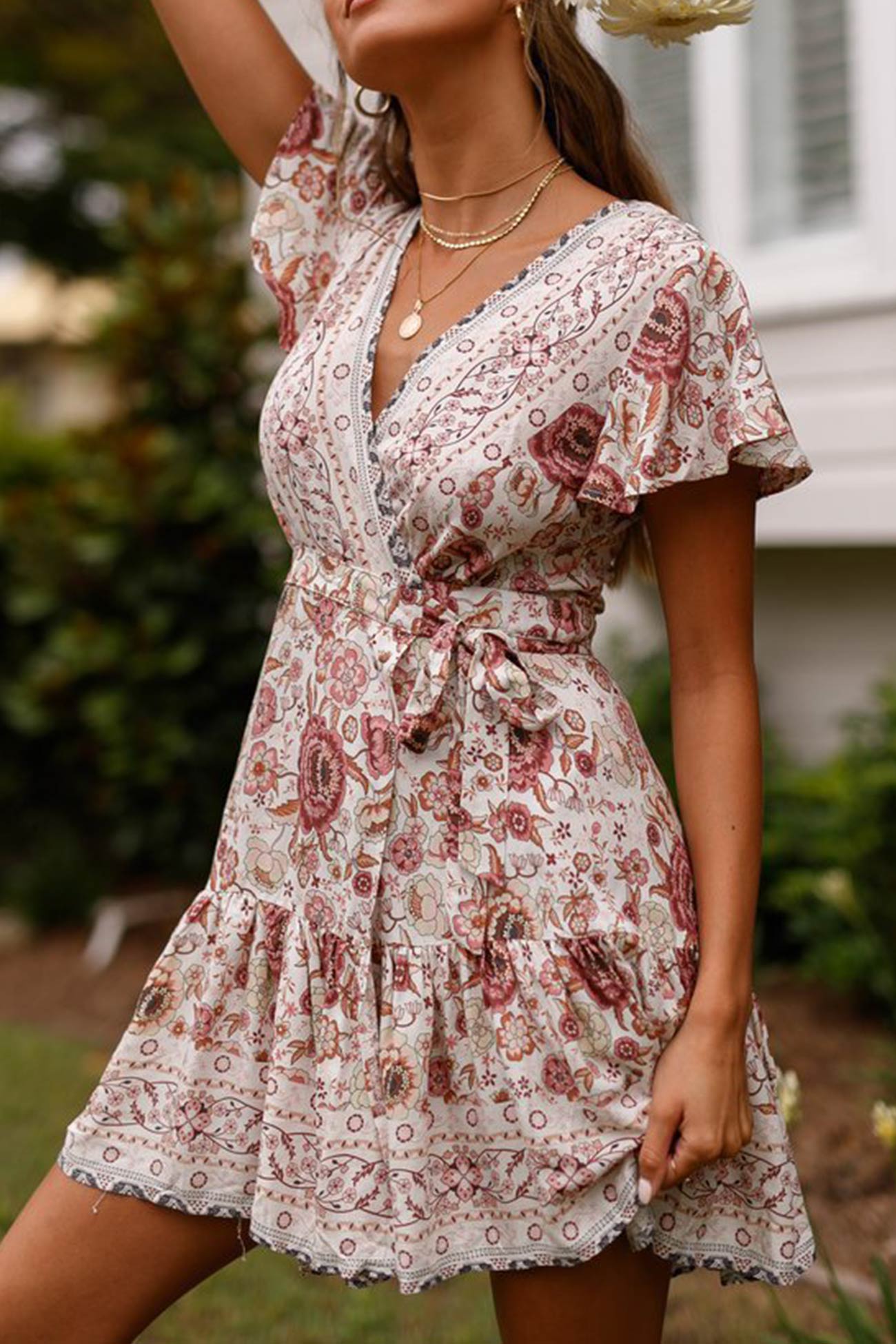 Bohemian V Neck Tie-Waist Slit Mini Dress