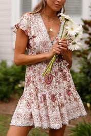 Bohemian V Neck Tie-Waist Slit Mini Dress