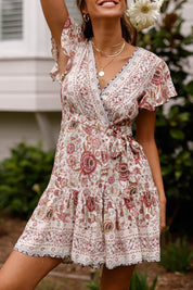 Bohemian V Neck Tie-Waist Slit Mini Dress