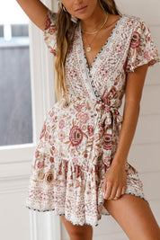 Bohemian V Neck Tie-Waist Slit Mini Dress